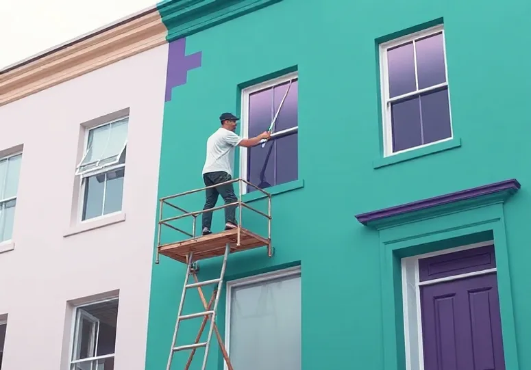 Peintre sur échafaudage traitant la façade d'une maison